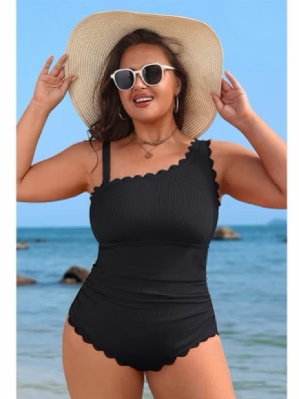 Scalloped One-Shoulder Black Swimsuit XL